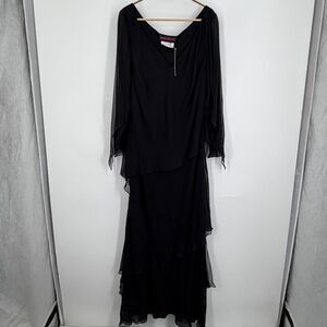 Tom & Linda Platt Black V-neck Silk Chiffon Diagonal Tiered Gown 1X